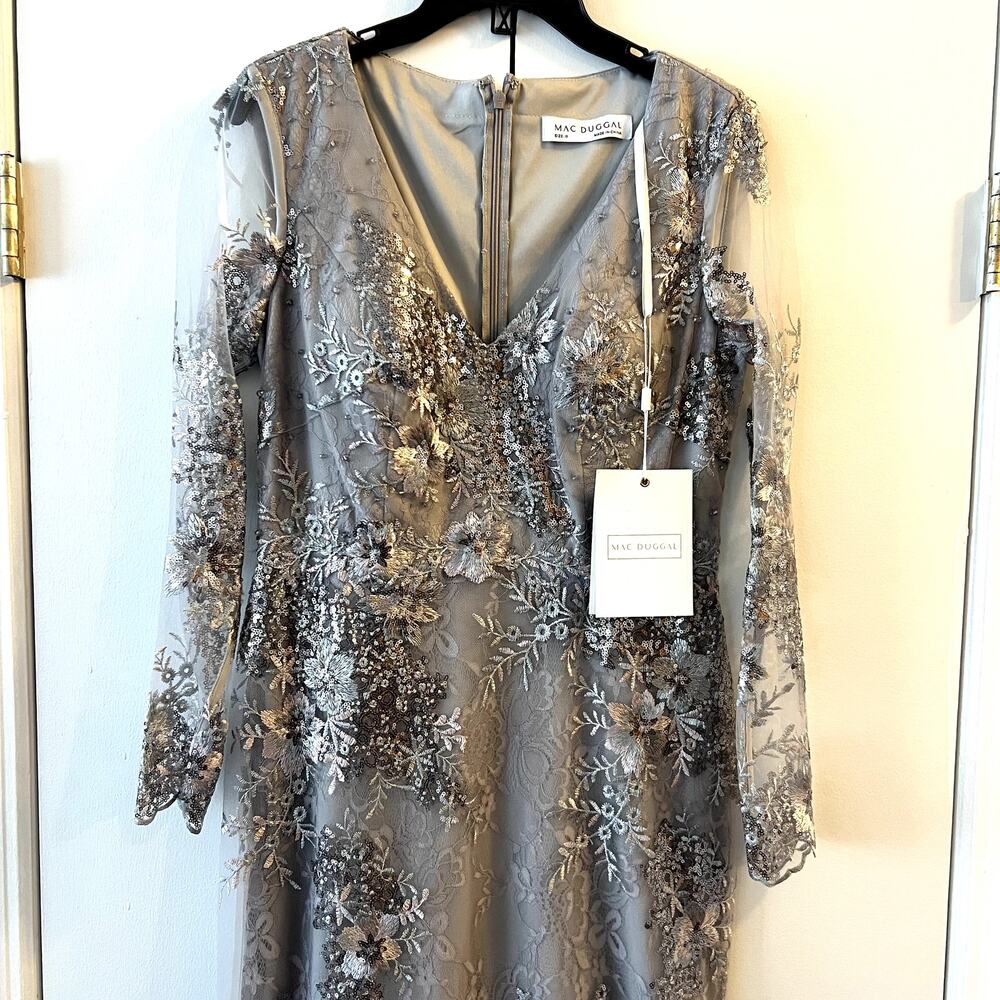 Mac Duggal Evening Gown Dress Size 8 Floral Embroidered Lace 67539 Platinum Gray - Picture 3 of 8